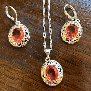 Elegant Silver & Red Pendant Necklace w/Matching Earrings Jewelry Set NWOT